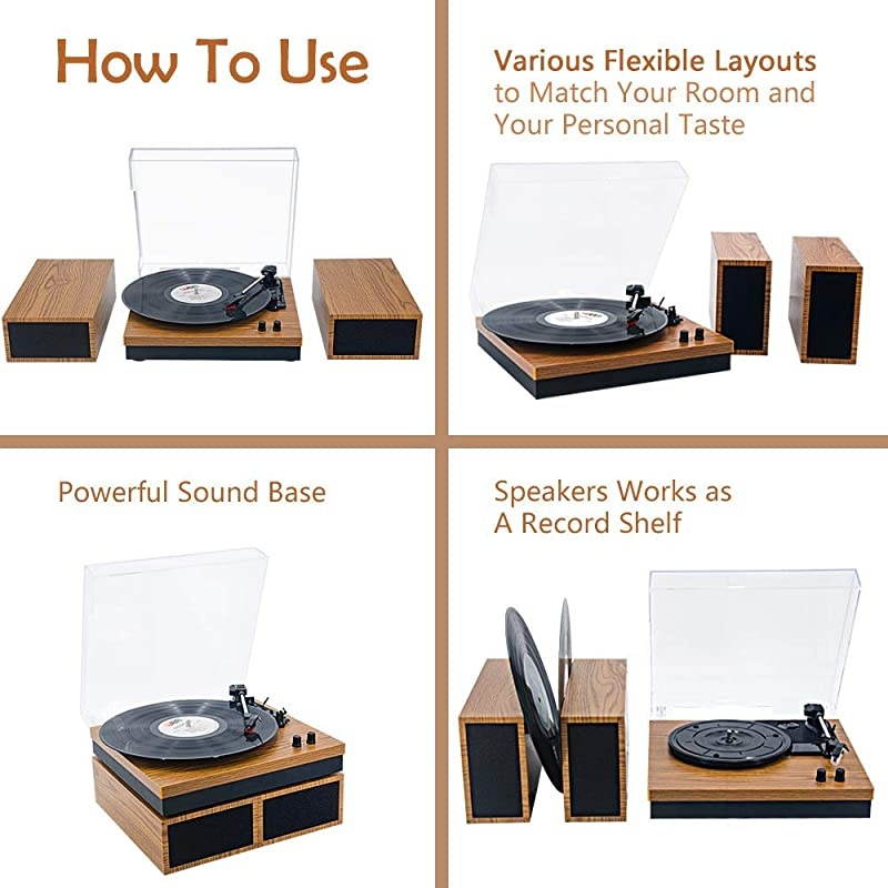 Retro BeltDrive Bluetooth Turntable with Separable Stereo Speakers3 Speed Vinyl Record PlayerYellow Brown