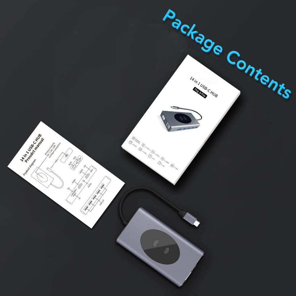 14 in 1 USB C Hub Laptop Docking Station Multi Function PD VGA HDMI Adapter 5 USBC 3.0 Hub Wireless Charge TF SD Reader Ethernet