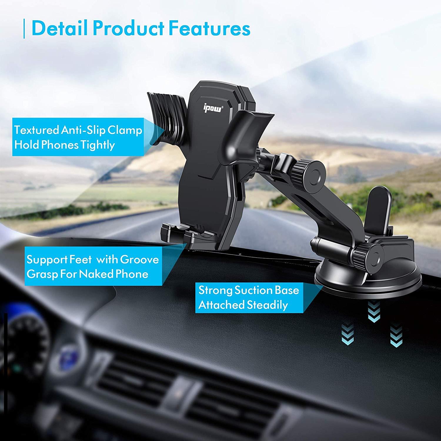 IPOW Car Phone Mount Holder Hands Free Car Phone Holder Dashboard Gravity Cell Phone Holder Mount with Auto Retractable Clamp Maximum Angle Adjustment for iPhone XR/XS Max/X/8/7 Galaxy S10/S9/Note 9
