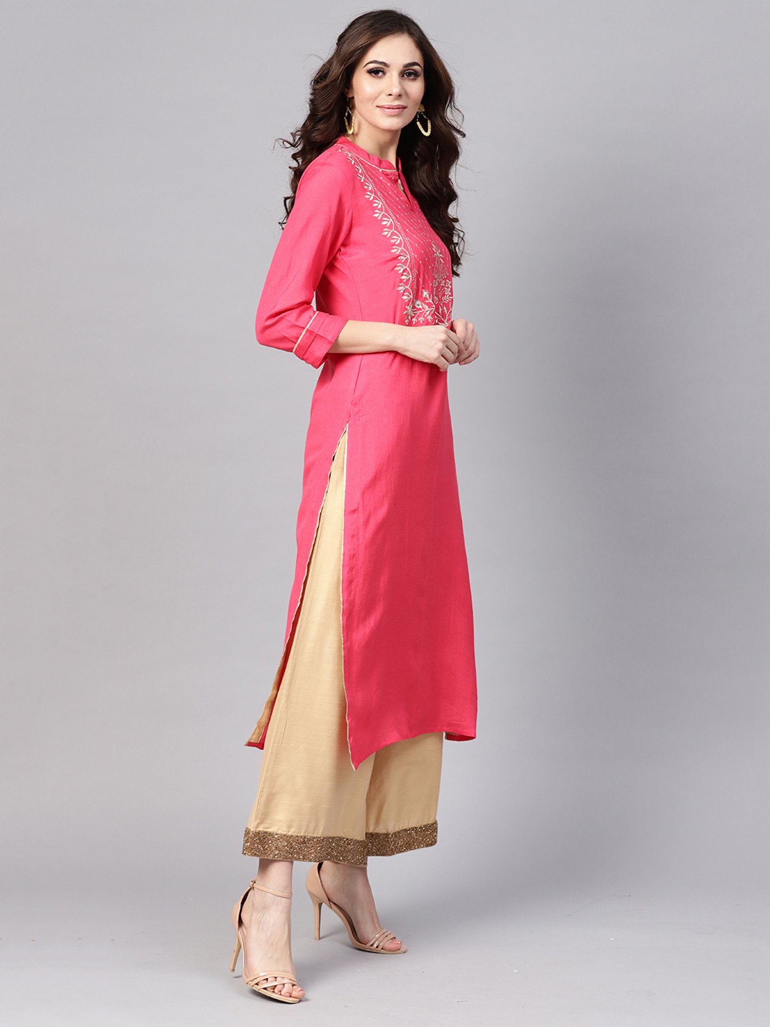 Geroo Jaipur Pink Hand Embroidered Straight Rayon Kurta
