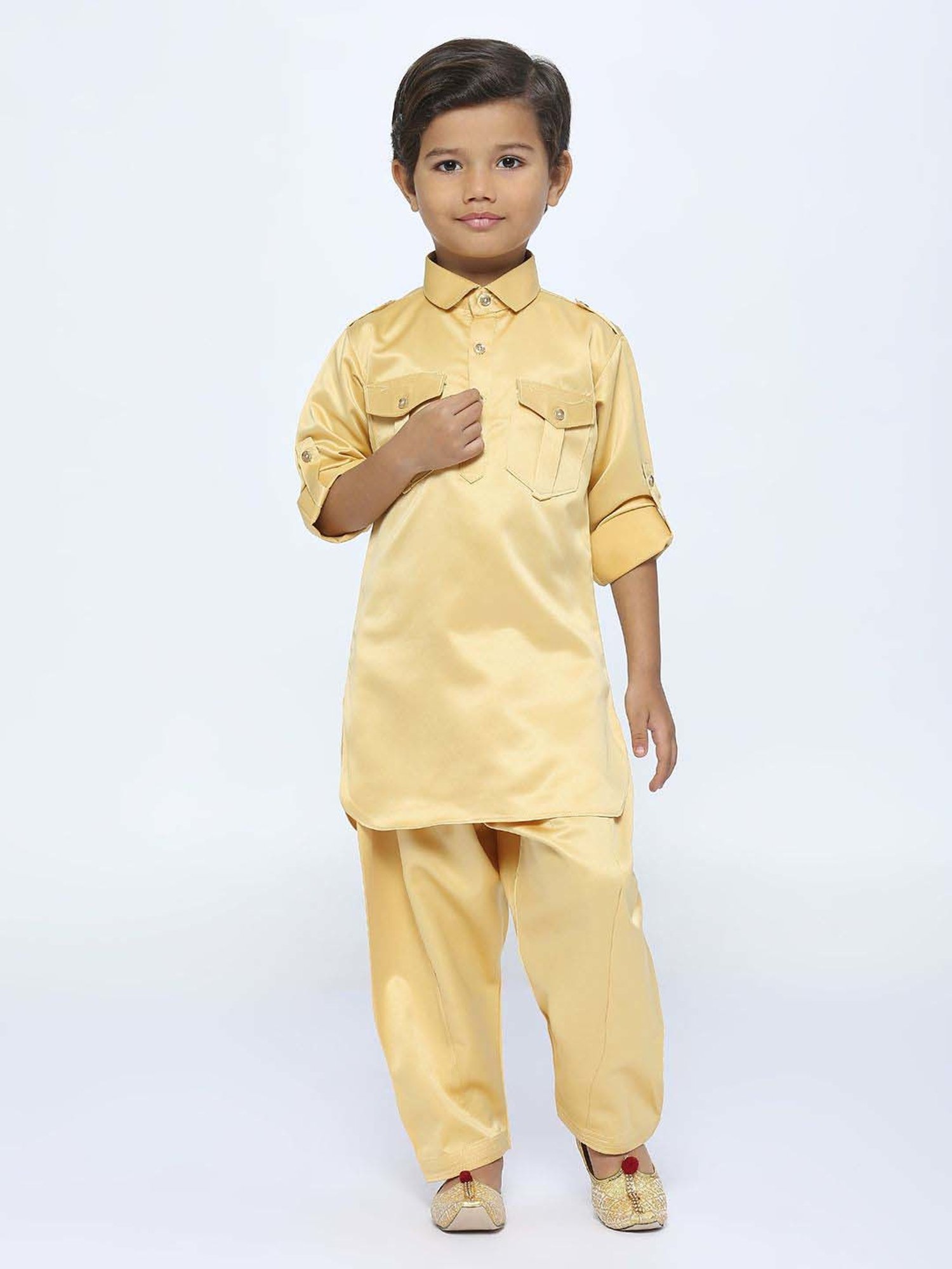 Kids Island Boys Gold Solid Full Sleeves Kurta Set