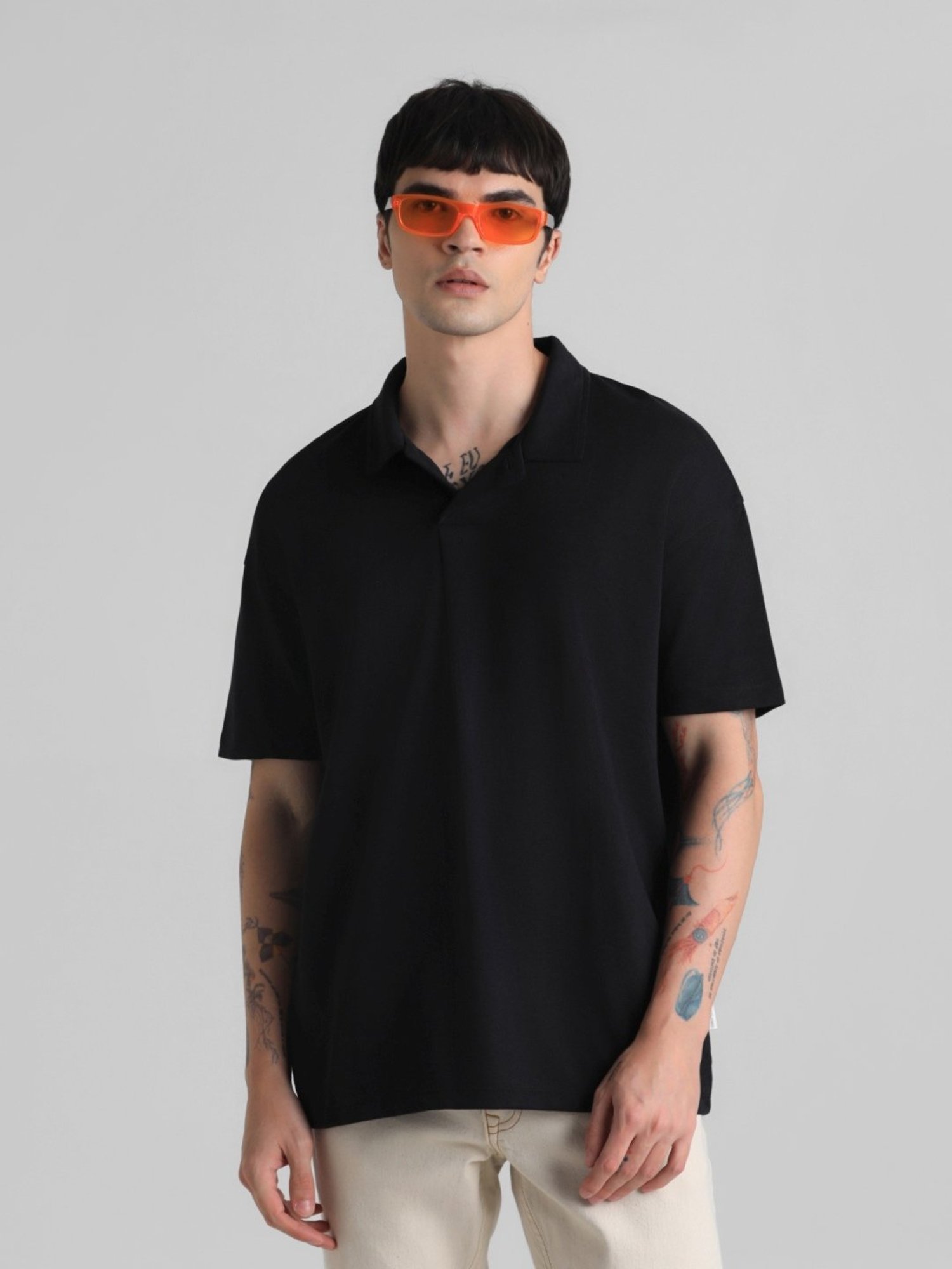 Jack & Jones Jet Black Cotton Boxy Fit Polo T-Shirt