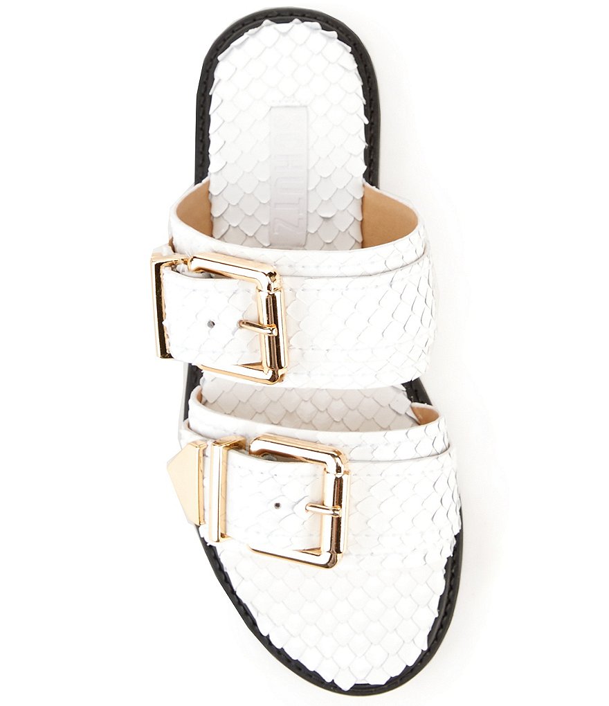 Schutz Shina Reptile Print Leather Buckled Slide Sandals