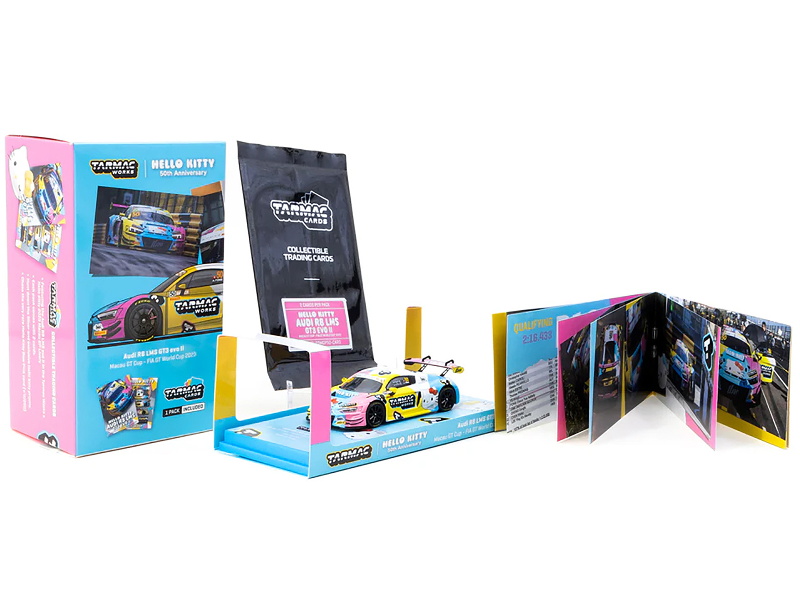 Audi R8 LMS GT3 Evo II #50 Adderly Fong "Macau GP Cup - Hello Kitty 50th Anniversary" "FIA GT World Cup" (2023) with Cards "Hobby64" Series 1/64 Diecast Model Car by Tarmac Works