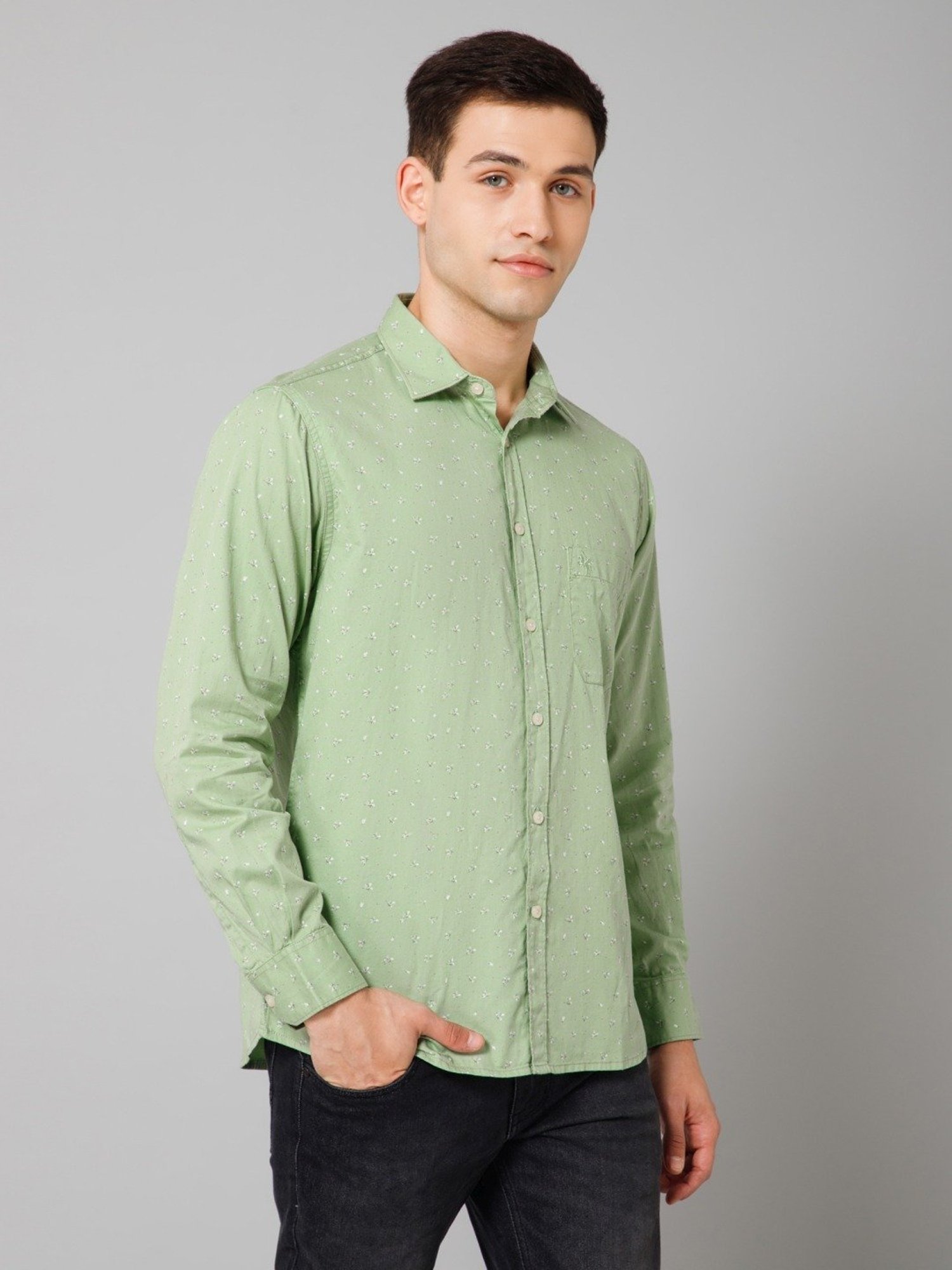 Cantabil Green Cotton Regular Fit Printed Shirt