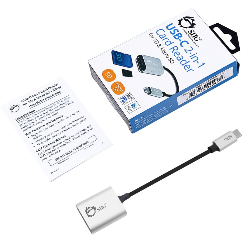 SIIG USB-C 2-in-1 Card Reader for SD & Micro SD - Silver - 2-in-1 - SD, SDHC, SDXC, TransFlash, microSD, microSDHC, microSDXC, MultiMediaCard (MMC)