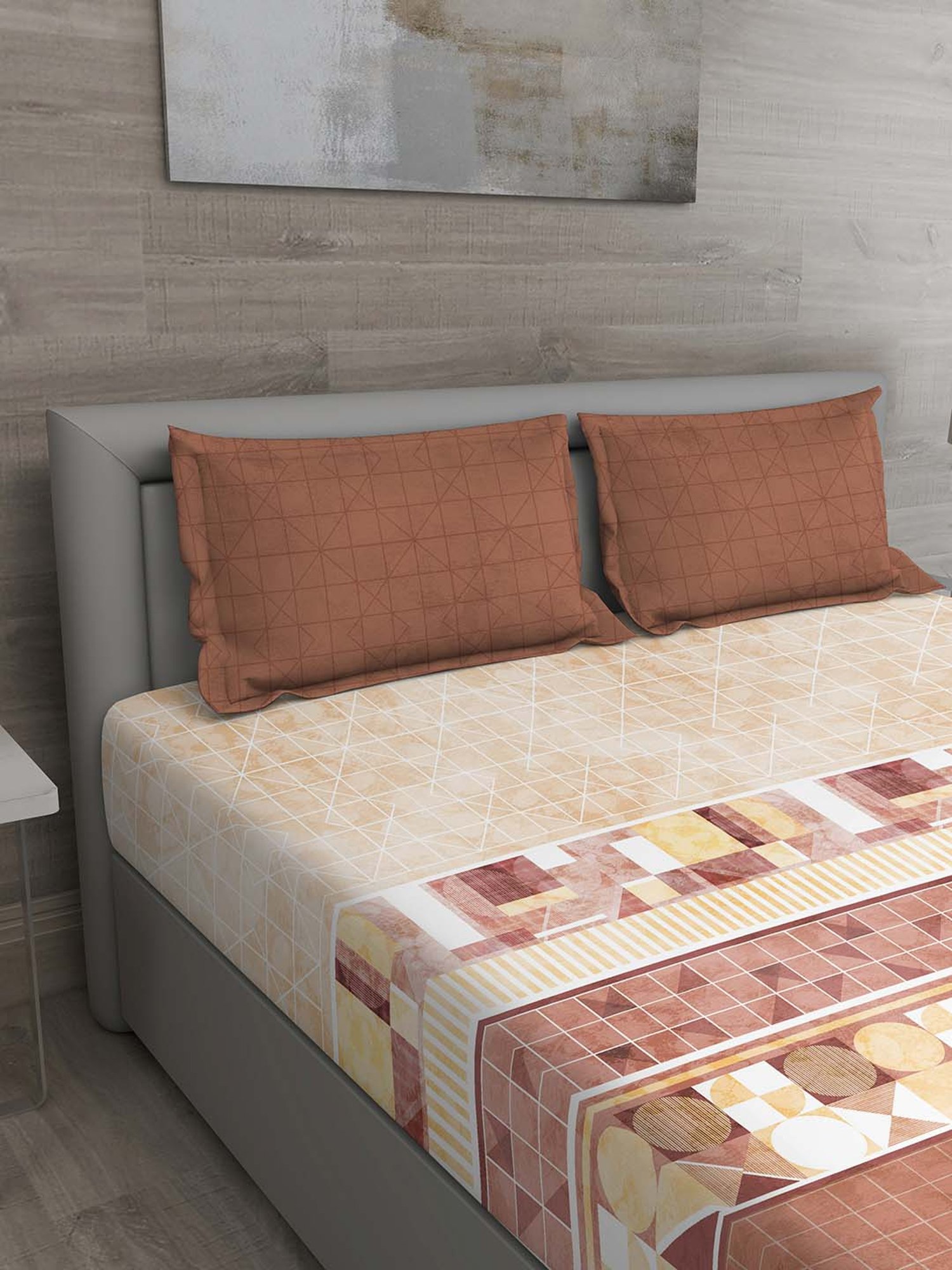 GM Brown & Beige 100% Cotton 150 TC Queen Bedsheet Set