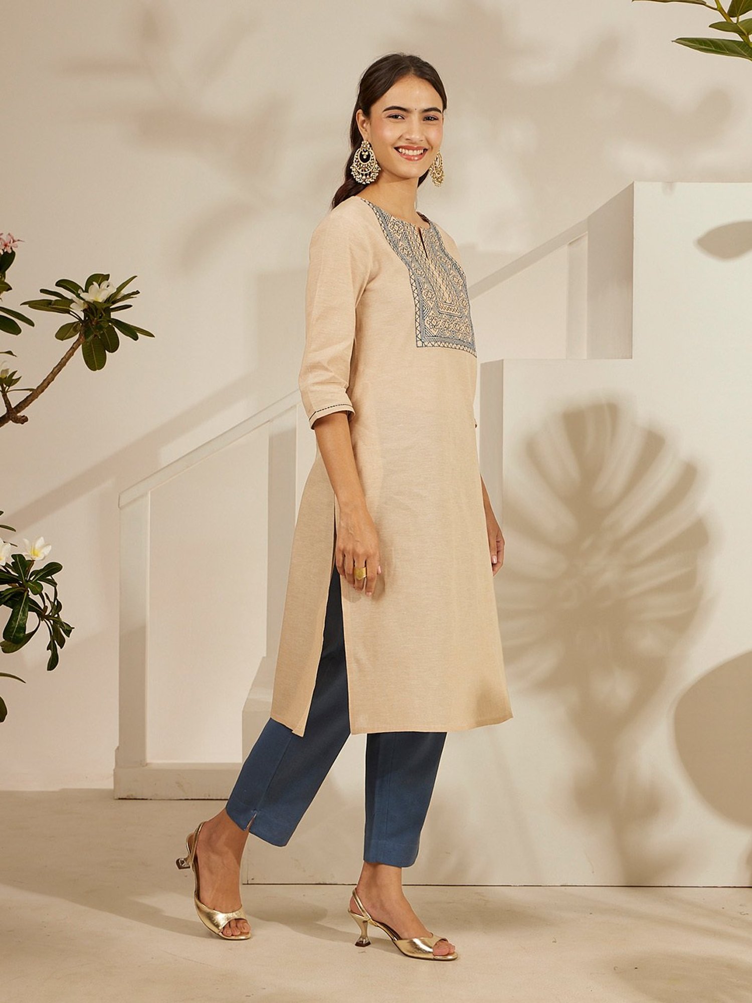 Daali Beige Mangalgiri Round Neck 3/4 Sleeves Smart Formals Kurta with Two Pockets