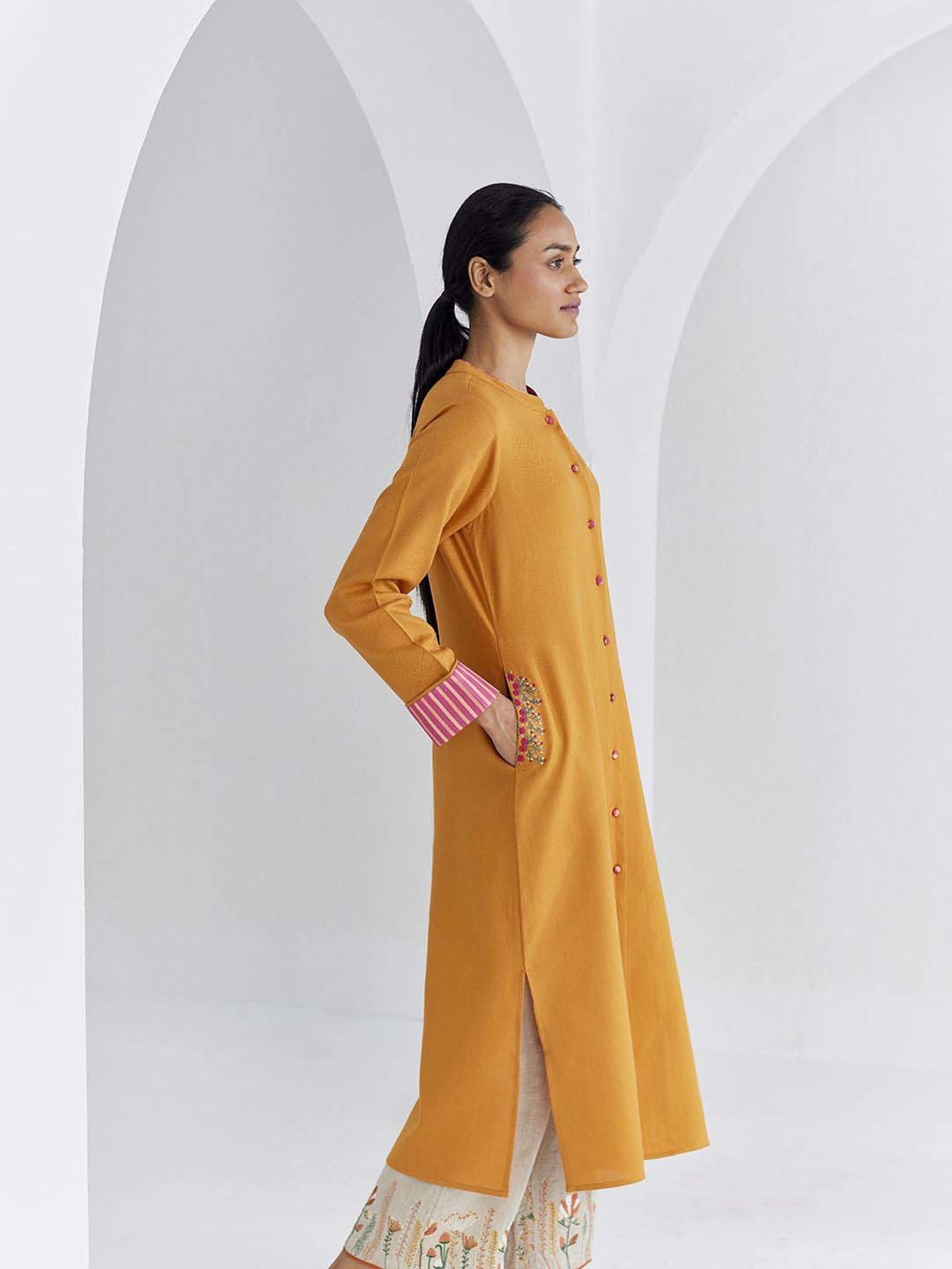 Ancestry Dark Yellow Embroidered Straight Kurta