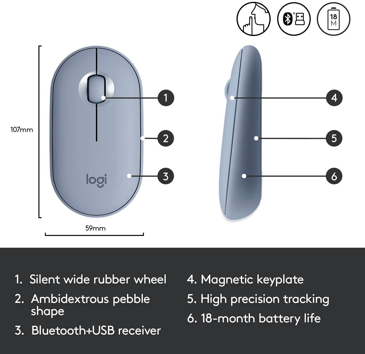 Logitech M355 Portable Wireless Mouse with Bluetooth or 2.4 GHz Receiver, Silent, Slim Computer Mouse with Quiet Click for Laptop, Notebook, PC and Mac - Black