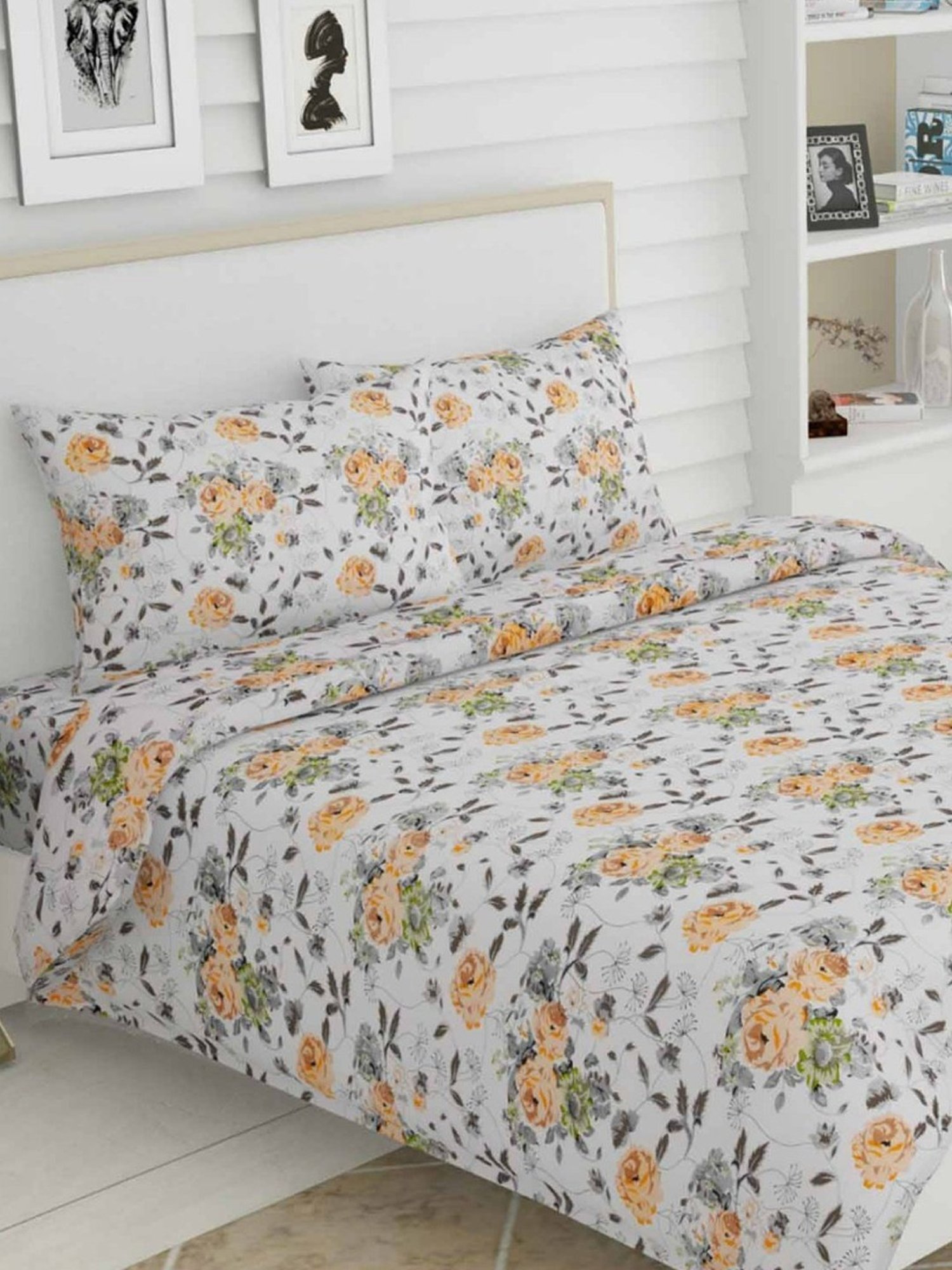 Haus & Kinder Graphic Pastel Motifs Printed Green 144 TC Cotton Bed Sheet with 2 Pillow Covers