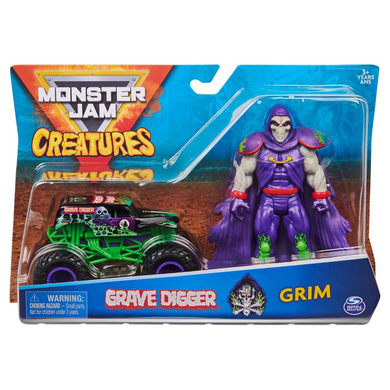 Monster Jam Official Grave Digger 1:64 Scale Monster Truck and 5" Grim Creatures Action Figure - Metallic Purple