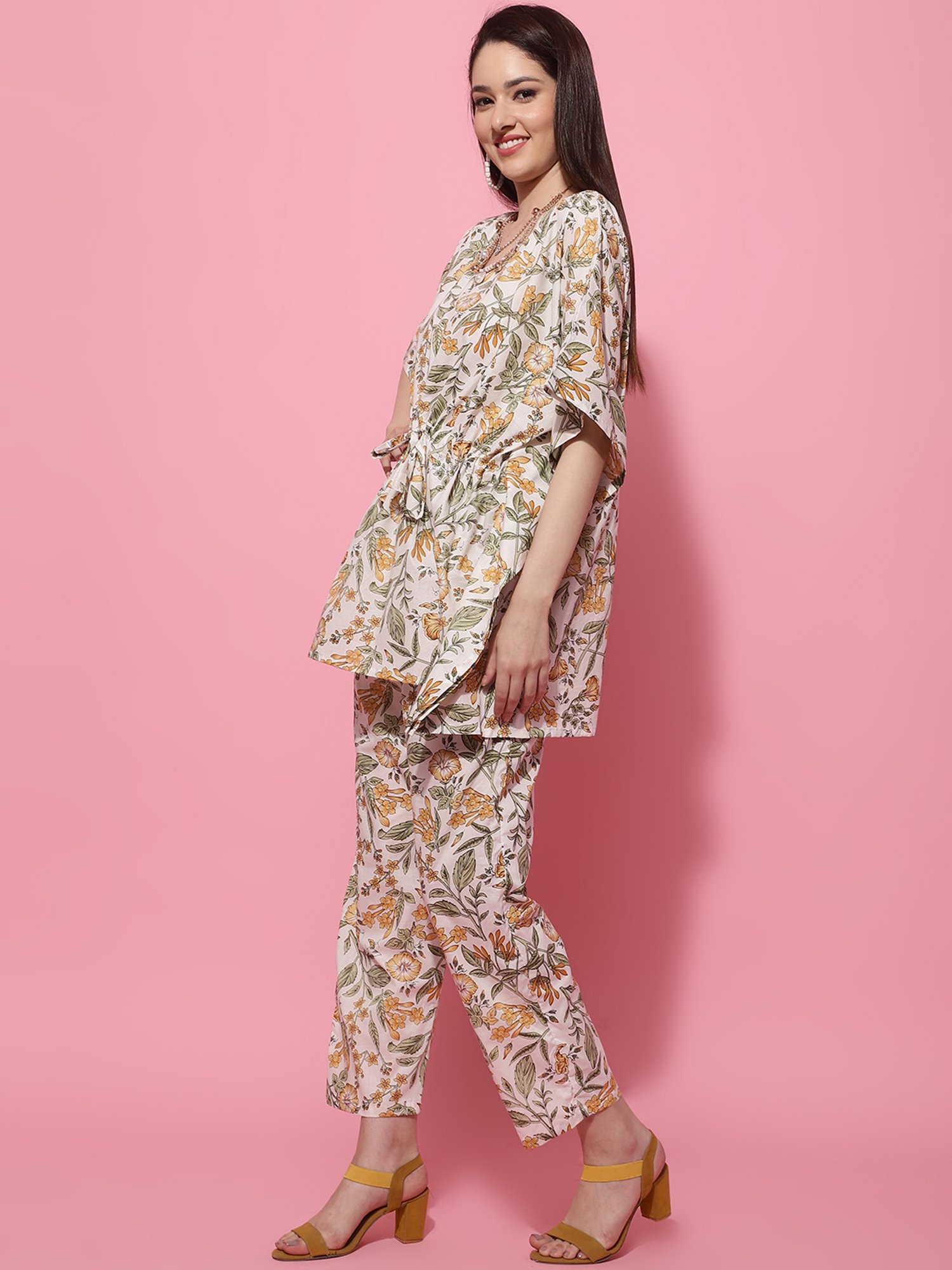 TAG 7 Yellow & White Cotton Floral Print Kaftan Pants Set