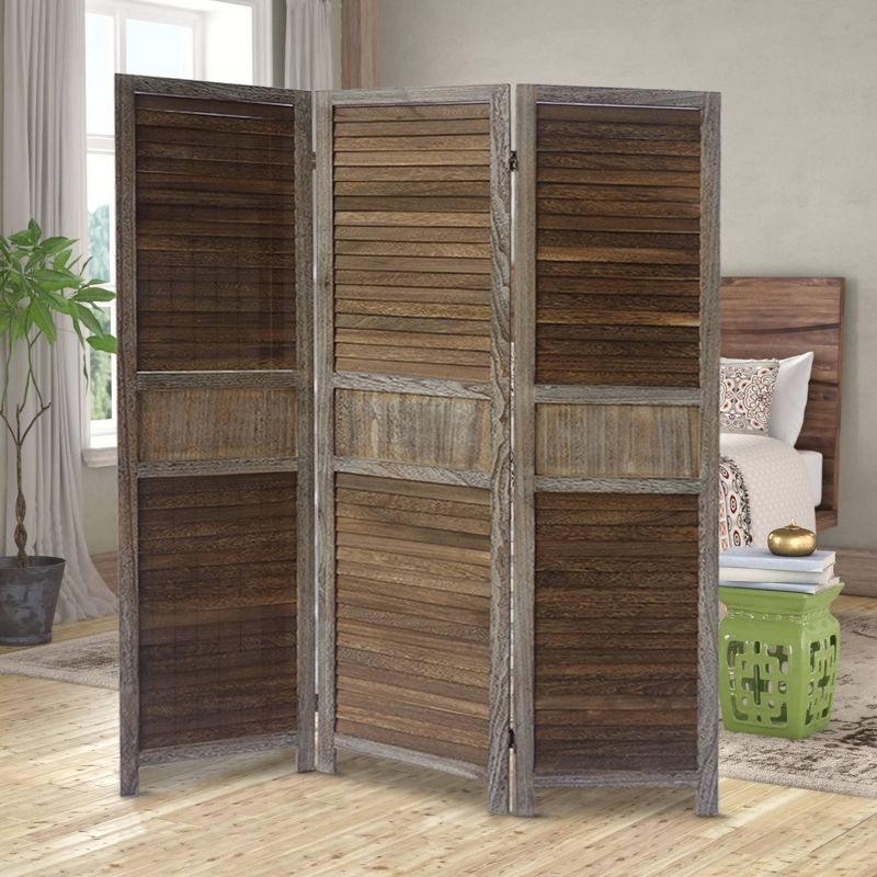 3 Panel Foldable Wooden Divider Privacy Screen with Grains and Metal Hinges Brown/Gray - The Urban Port