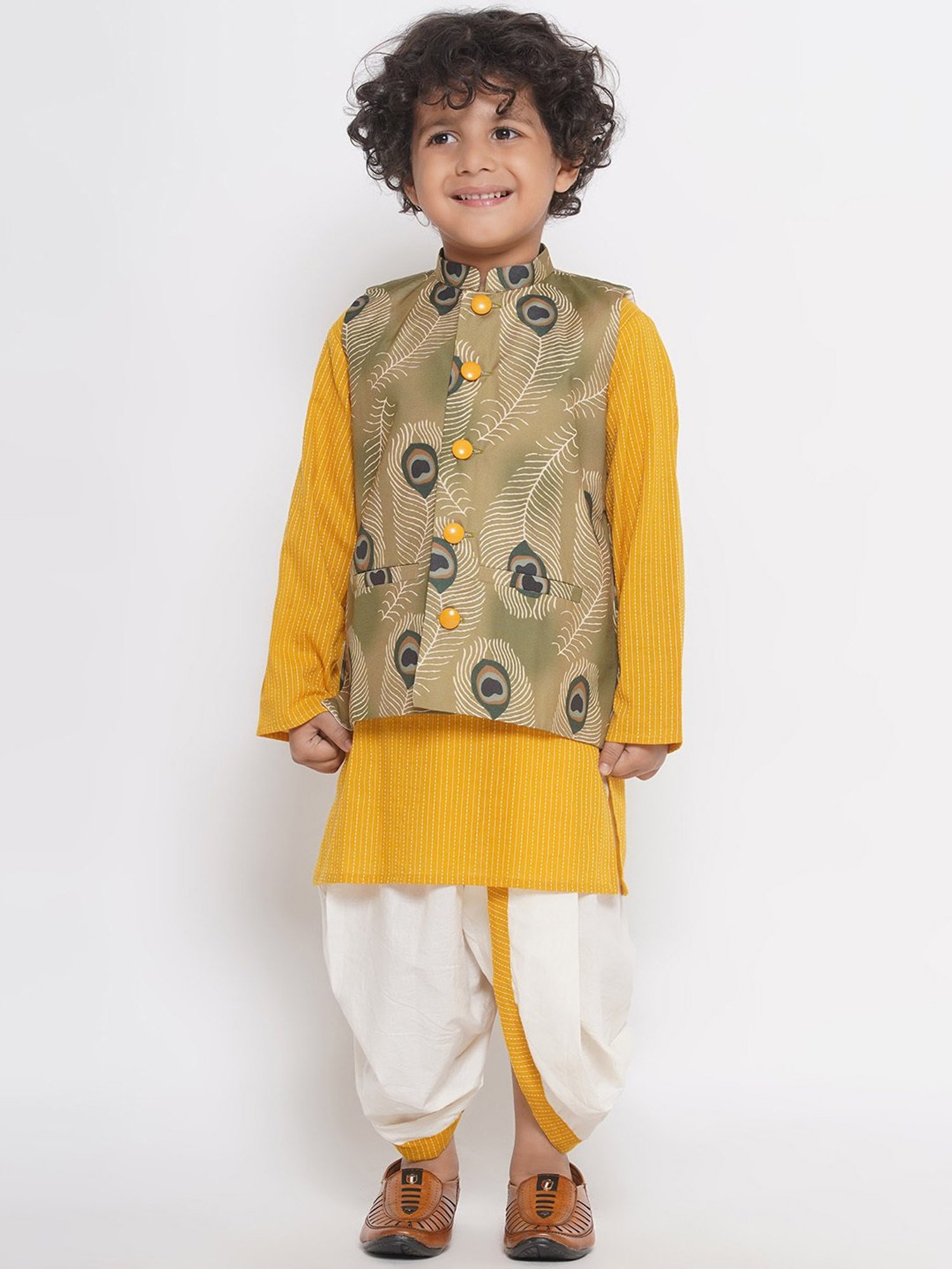 Little Bansi Kids Multicolor Printed Full Sleeves Kurta, Dhoti with Jacket