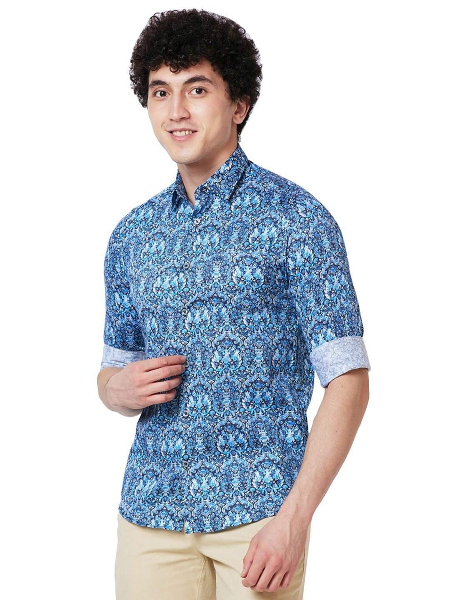 ColorPlus Blue Cotton Contemporary Fit Printed Shirt