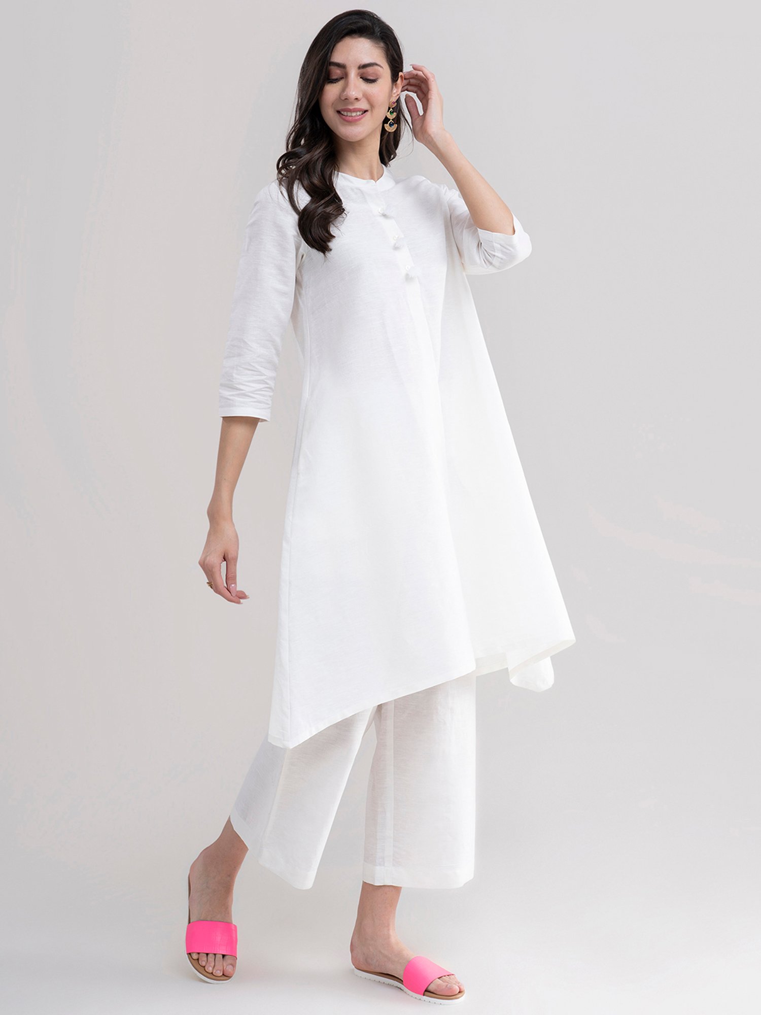Pink Fort White Linen Kurta Palazzo Set