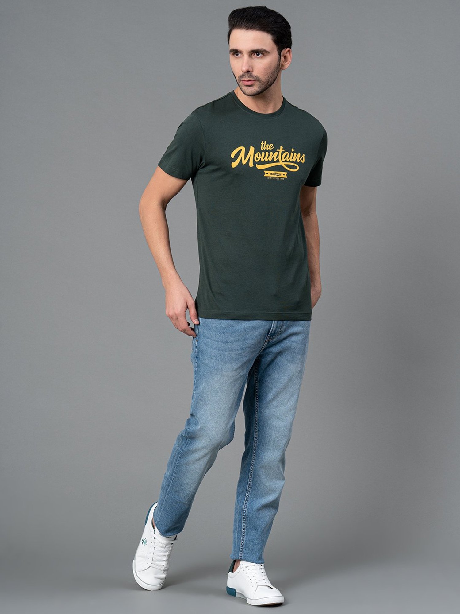 Red Tape Dark Green Regular Fit Graphic Print Cotton Crew T-Shirt