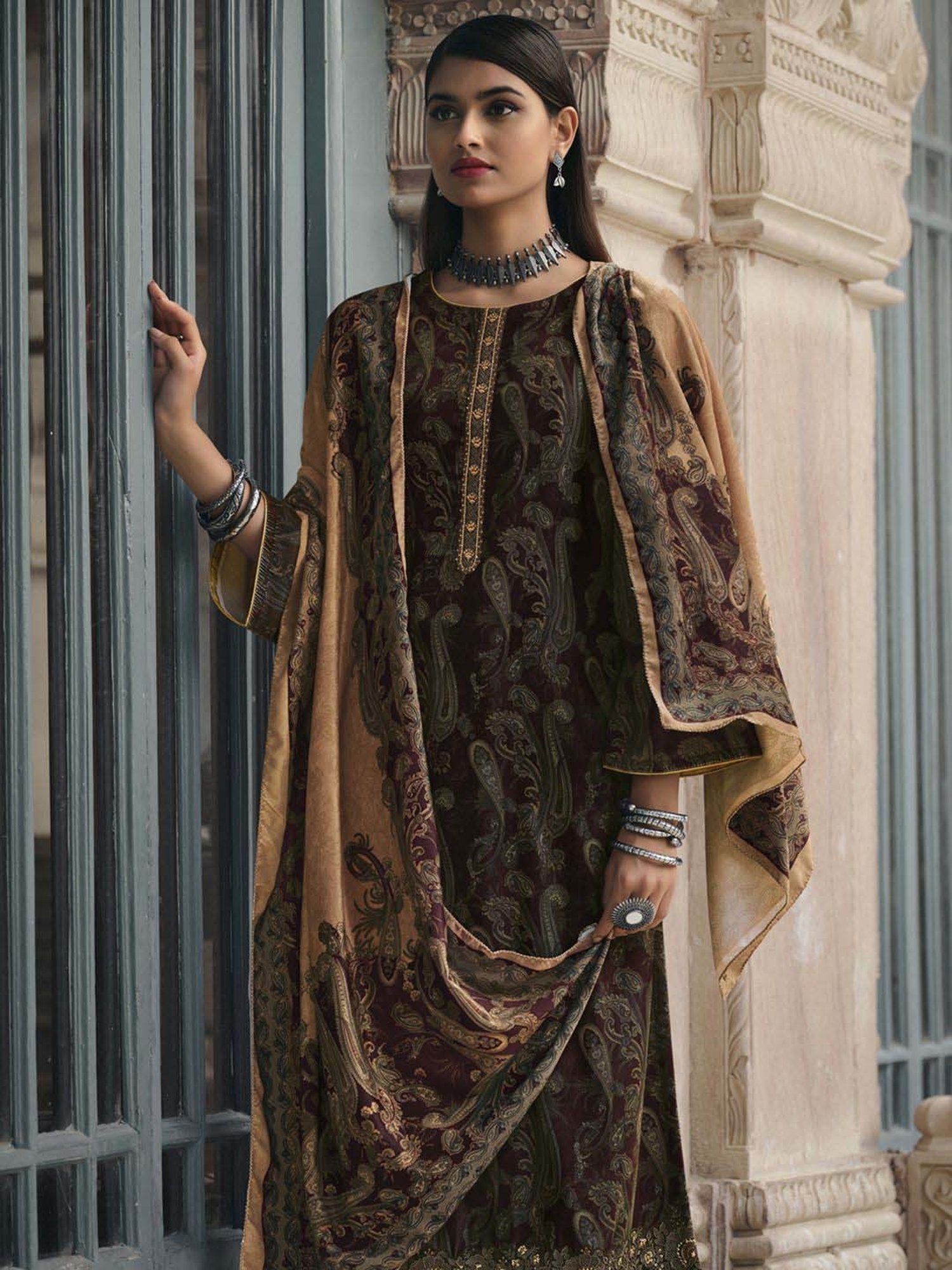 Stylee LIFESTYLE Brown Printed Unstitched Dress Material