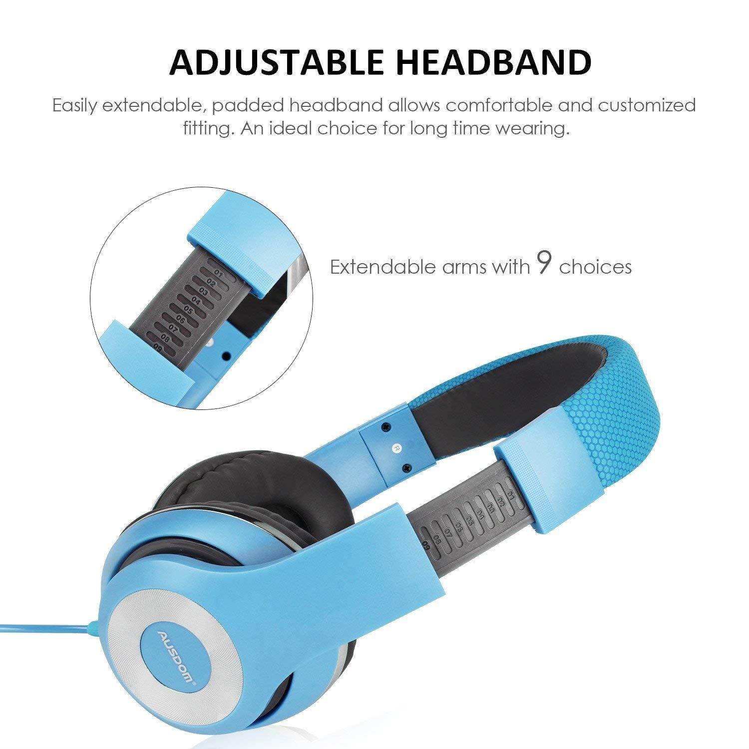 AUSDOM Over-Ear Headphones, Stereo Lightweight Adjustable Wired Headset with Mic, Noise Isolating Comfortable Leather Earphones, Hi-Fi Deep Bass for iPhone iPod iPad Macbook MP3 Cellphones Laptop-Blue