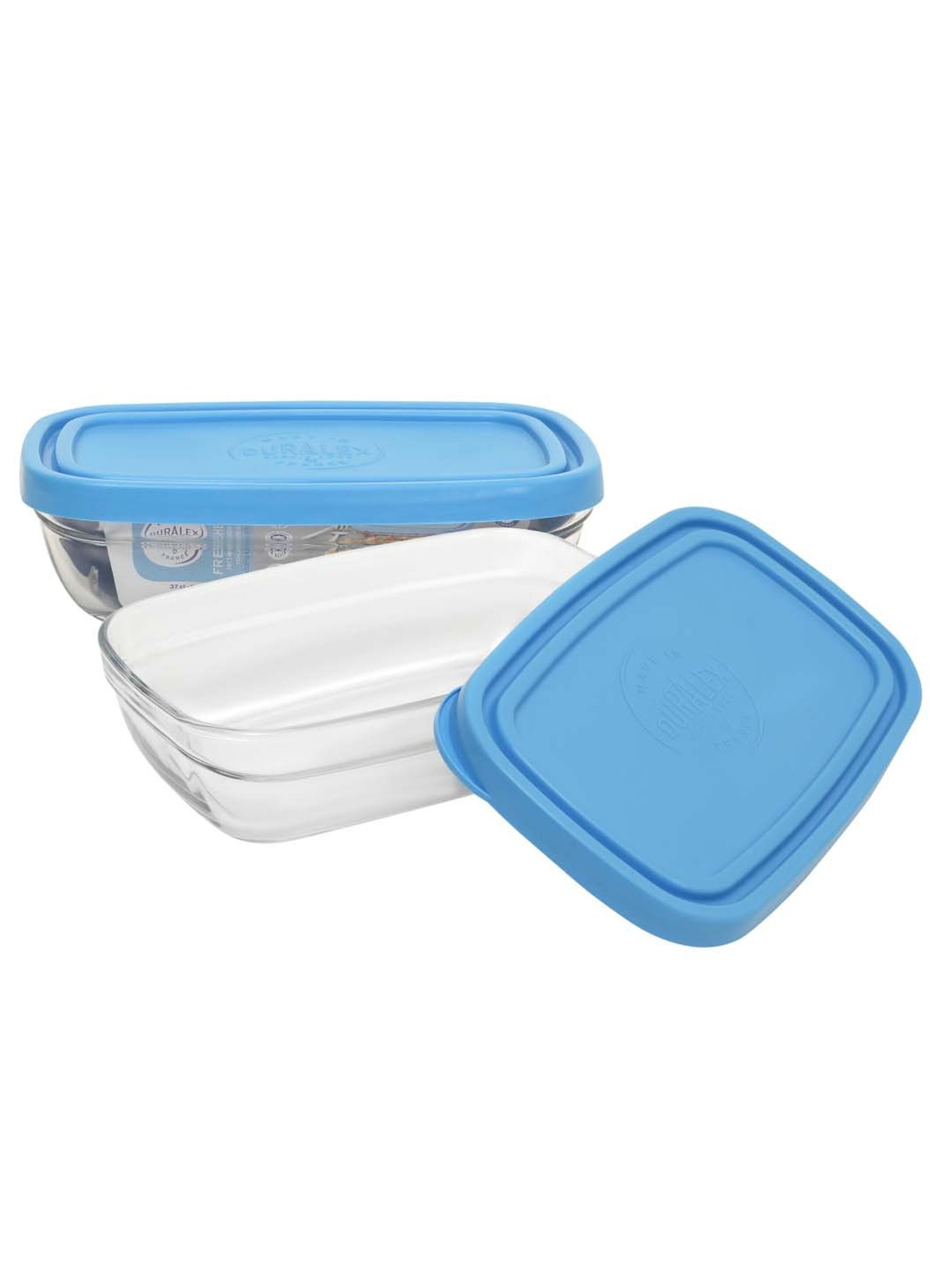 Duralex 'Freshbox' Transparent & Blue Glass 15 cm Container With Lid (0.37 L) - Set of 2