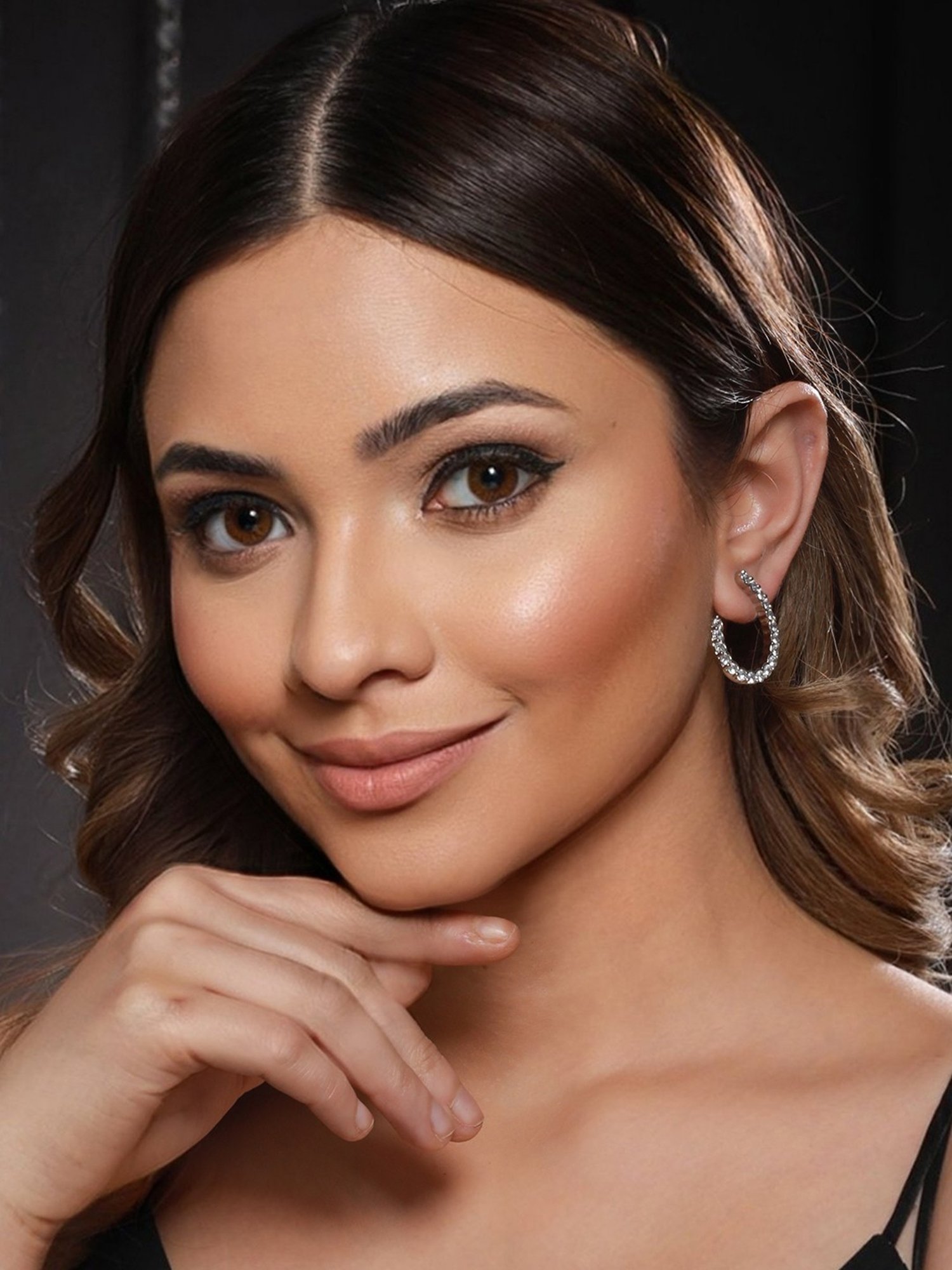 Saraf RS Jewellery Silver Toned AD studded Hoop Earrings