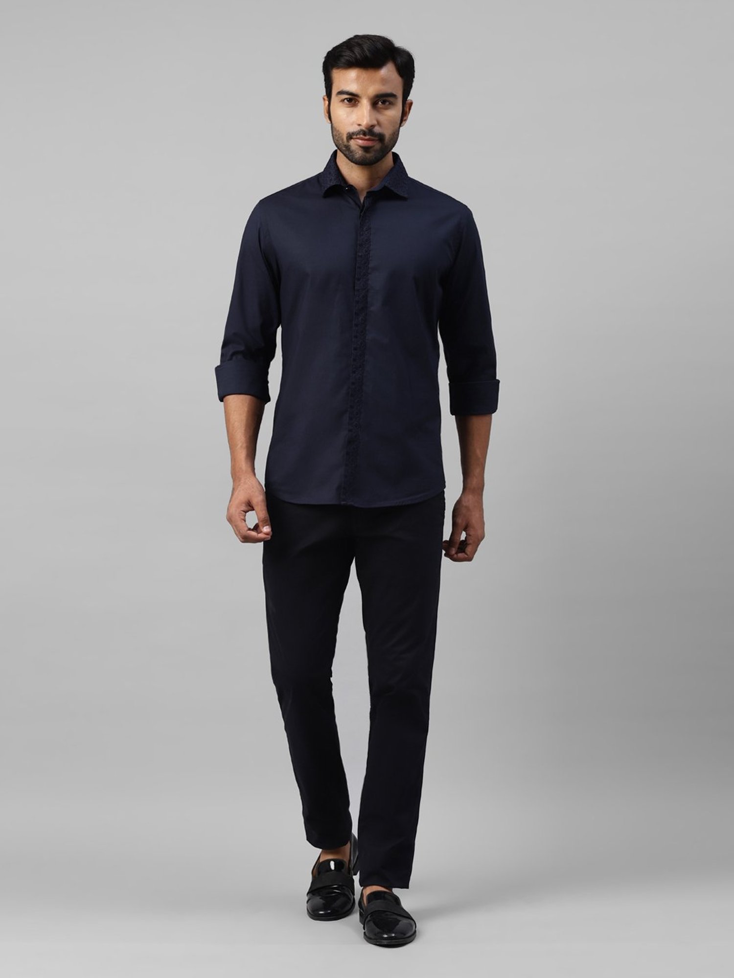 Don Vino Navy Regular Fit Self Design Shirt