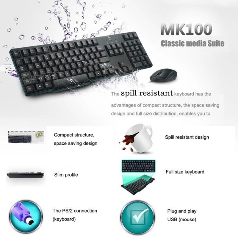 Logitech MK100 PS / 2 Interface Prevent Water Splashing Wired Keyboard + USB Interface Wired Mouse Set