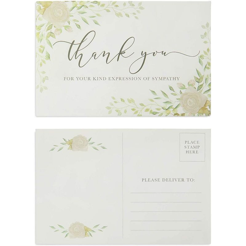 Pipilo Press 100-Pack Sympathy Thank You Postcards, Floral Notecards for Funerals (4 x 6 Inches)
