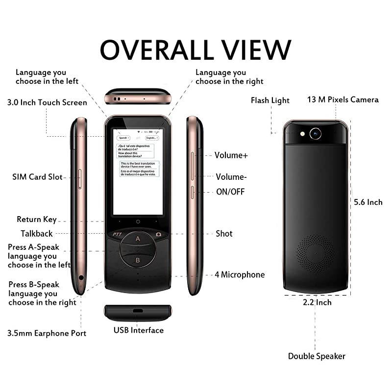 Voice Language Translator Device, 45 Languages Real-Time Translation, Image Recognition & Translating, Remote International Conference for Business Travel Learning Shopping (Black)