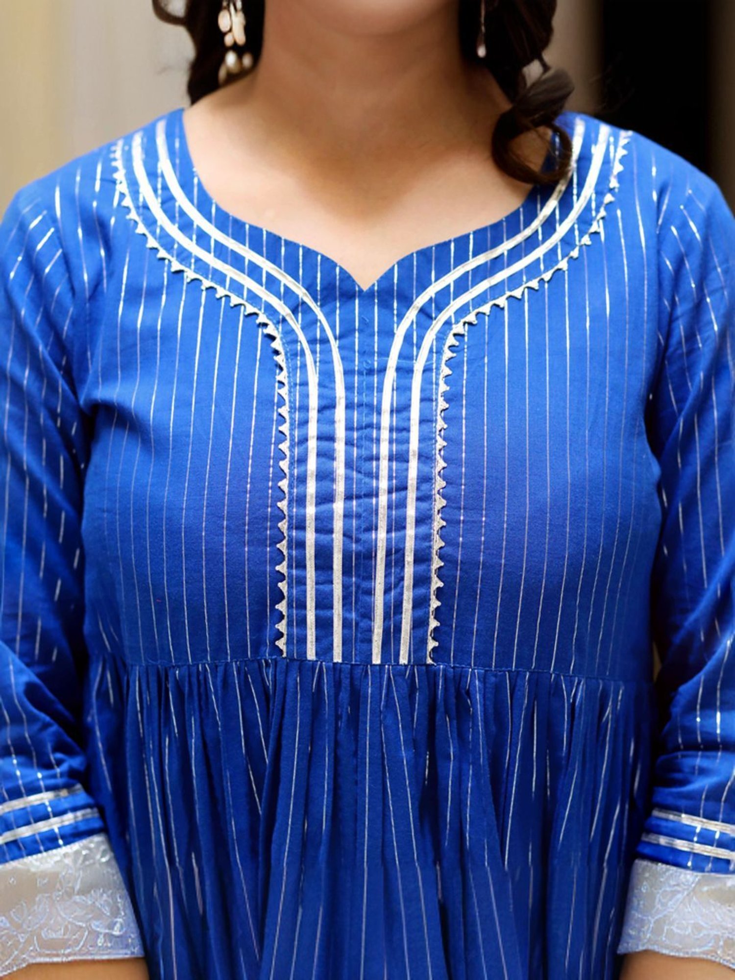 Miravan Blue Cotton Striped Kurti Sharara Set