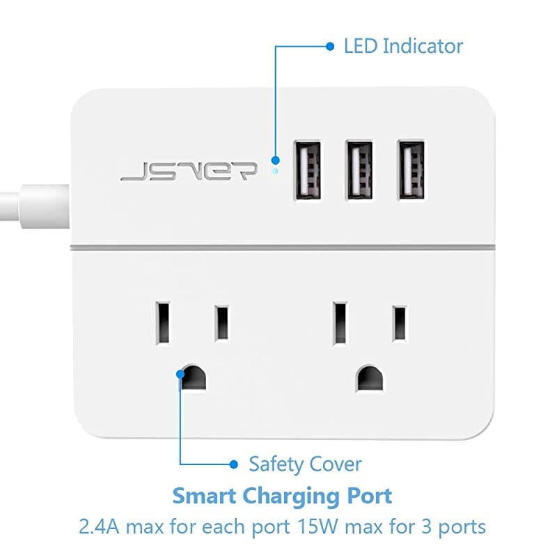 Compact Travel Power Strip with 3 USB Smart Charging Station and 2 Power Outlet White