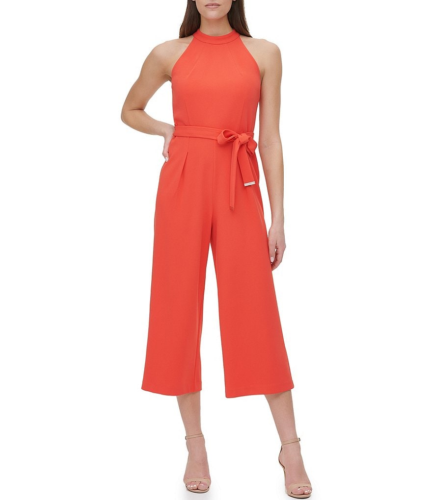 Tommy Hilfiger Sleeveless Halter Neck Tie Waist Scuba Crepe Cropped Jumpsuit