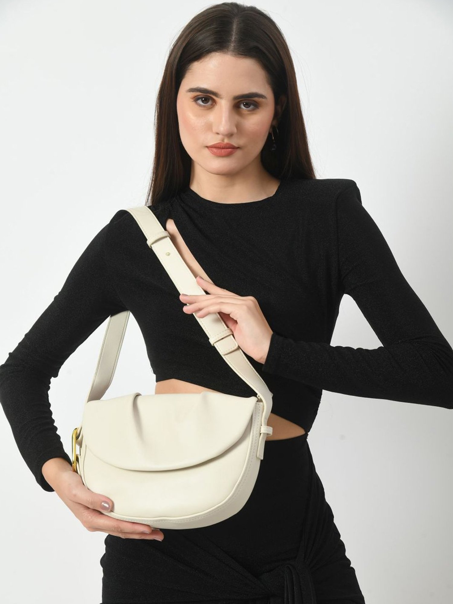 Angeline White Solid Medium Sling Handbag