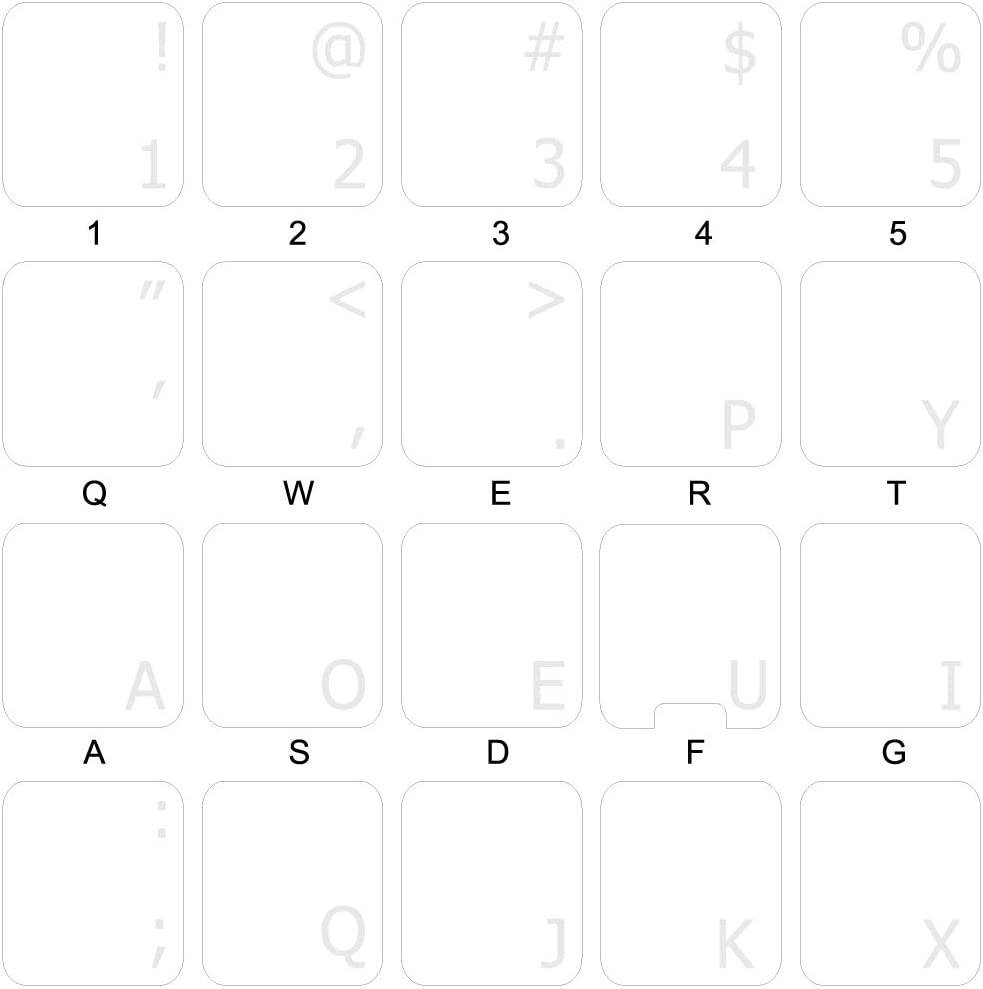 Dvorak Simplified Keyboard Stickers with White Lettering ON Transparent Background