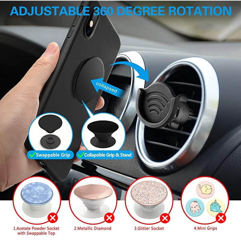 Air Vent Phone Holder for Socket Mount,  360&deg; Rotation Vent Clip Car Mount Silicone with Adjustable Switch Lock for Collapsible Grip / GPS Navigation & 3M Sticky Adhesive for Expanding Stand