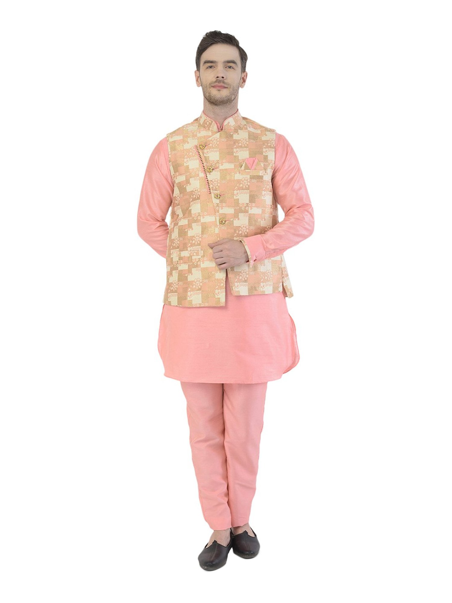 SG RAJASAHAB Peach Printed Kurta & Pant Set With Jacket