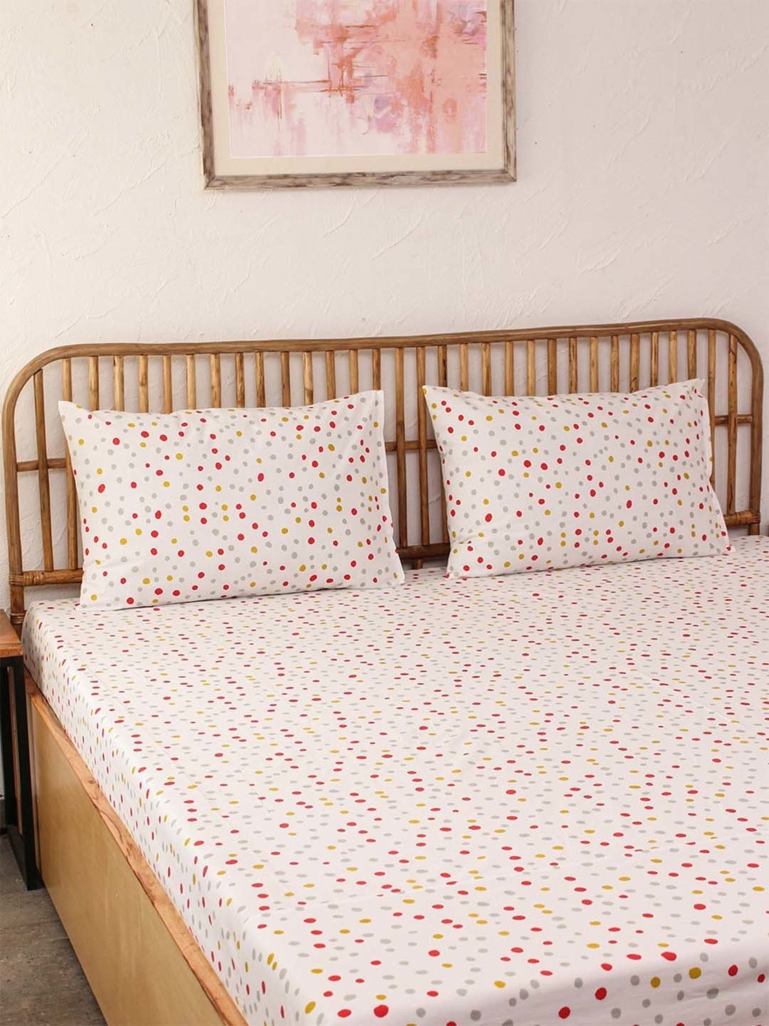 House This Nukt Dots Red Cotton Single Bed Sheet with Pillow Cover