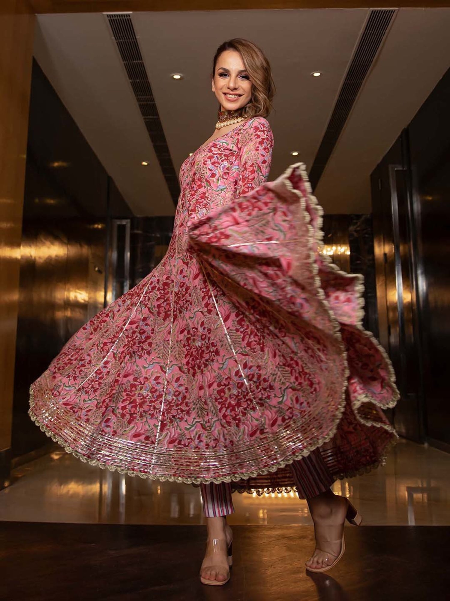 AACHHO Pink Poetic Bloom Handblock Gota Suit Set