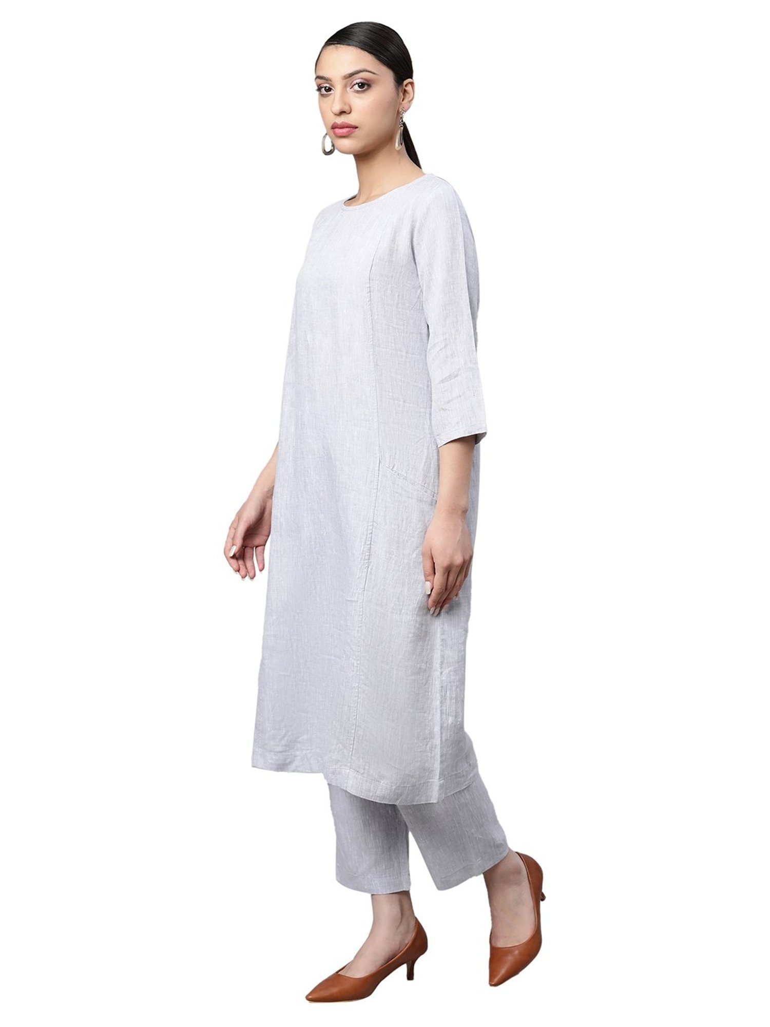Linen Club Woman Grey Straight Kurta
