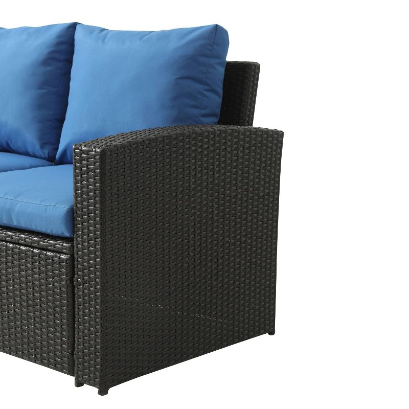 Wicker Rattan Patio Loveseat with Blue Cushions - Accent Furniture