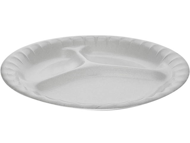 Pactiv 0TK100110000 Laminated Foam Dinnerware, 3-Compartment Plate, 8.88" Diameter, White, 500/Carton
