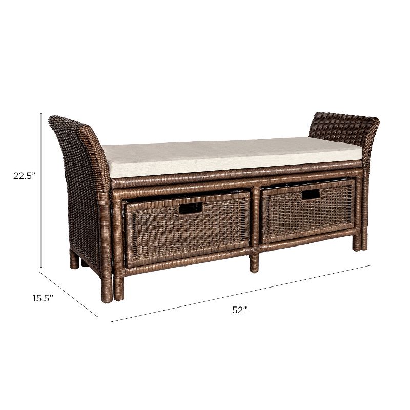 happimess Tropic 52" 2 Drawer Wicker Storage Bench wih Linen Cushion, Brown