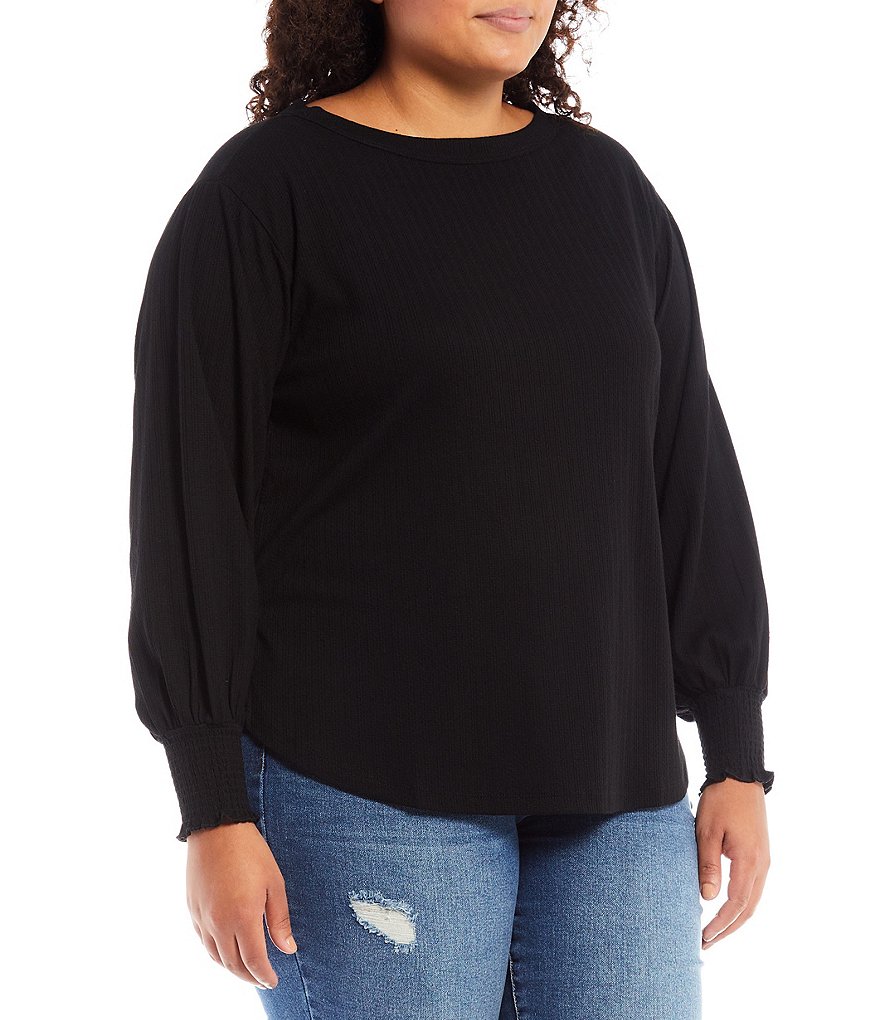 Jessica Simpson Plus Size Veera Smocked Cuff Round Neck Long Blouson Sleeve Top