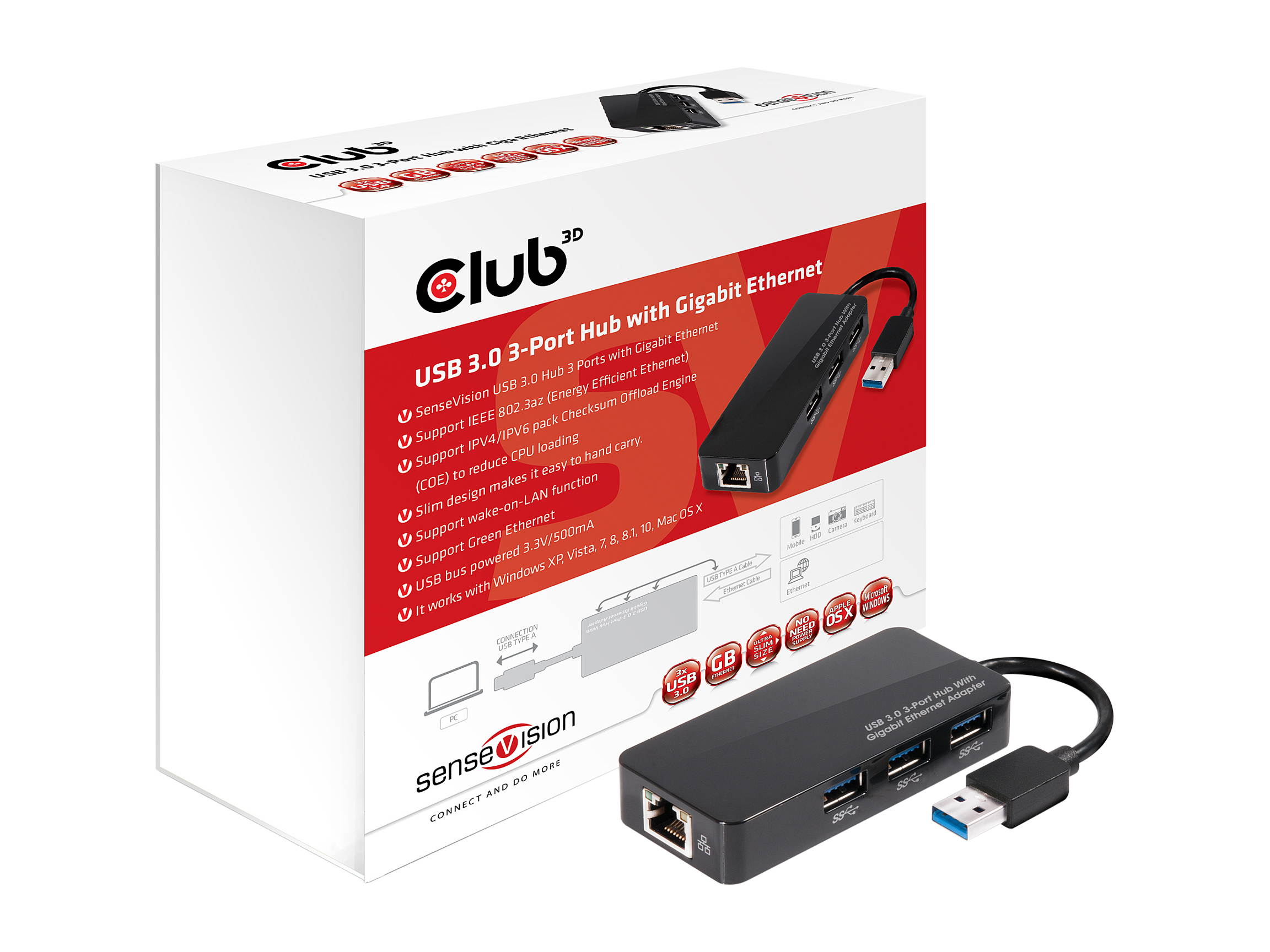Club3D CSV-1430 USB 3.0 3-Port Hub with Gigabit Ethernet