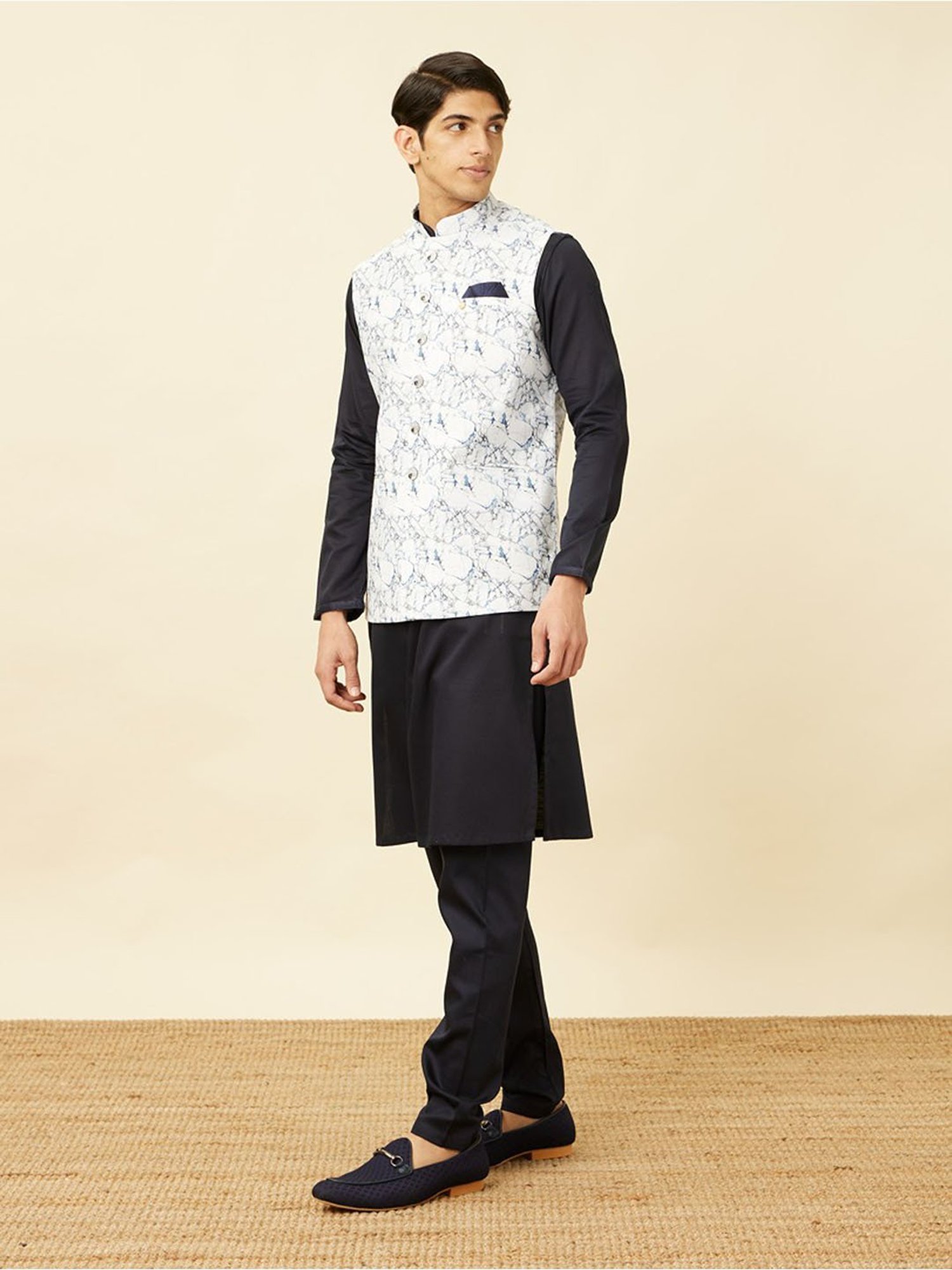 Manyavar White Regular Fit Printed Nehru Jacket