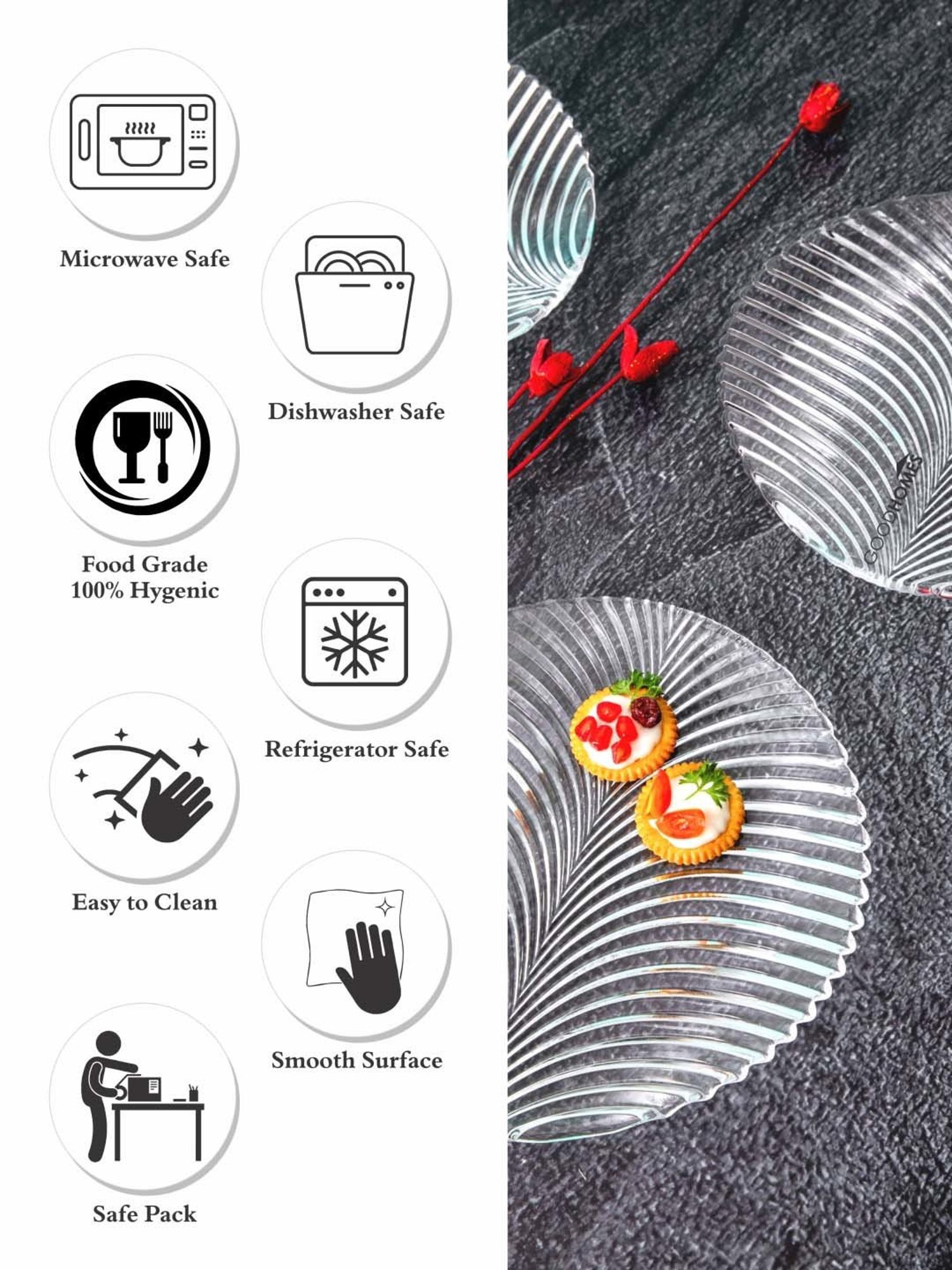 Goodhomes Transparent Glass Leaf Pattern Fruit Serving Platters - Set of 4