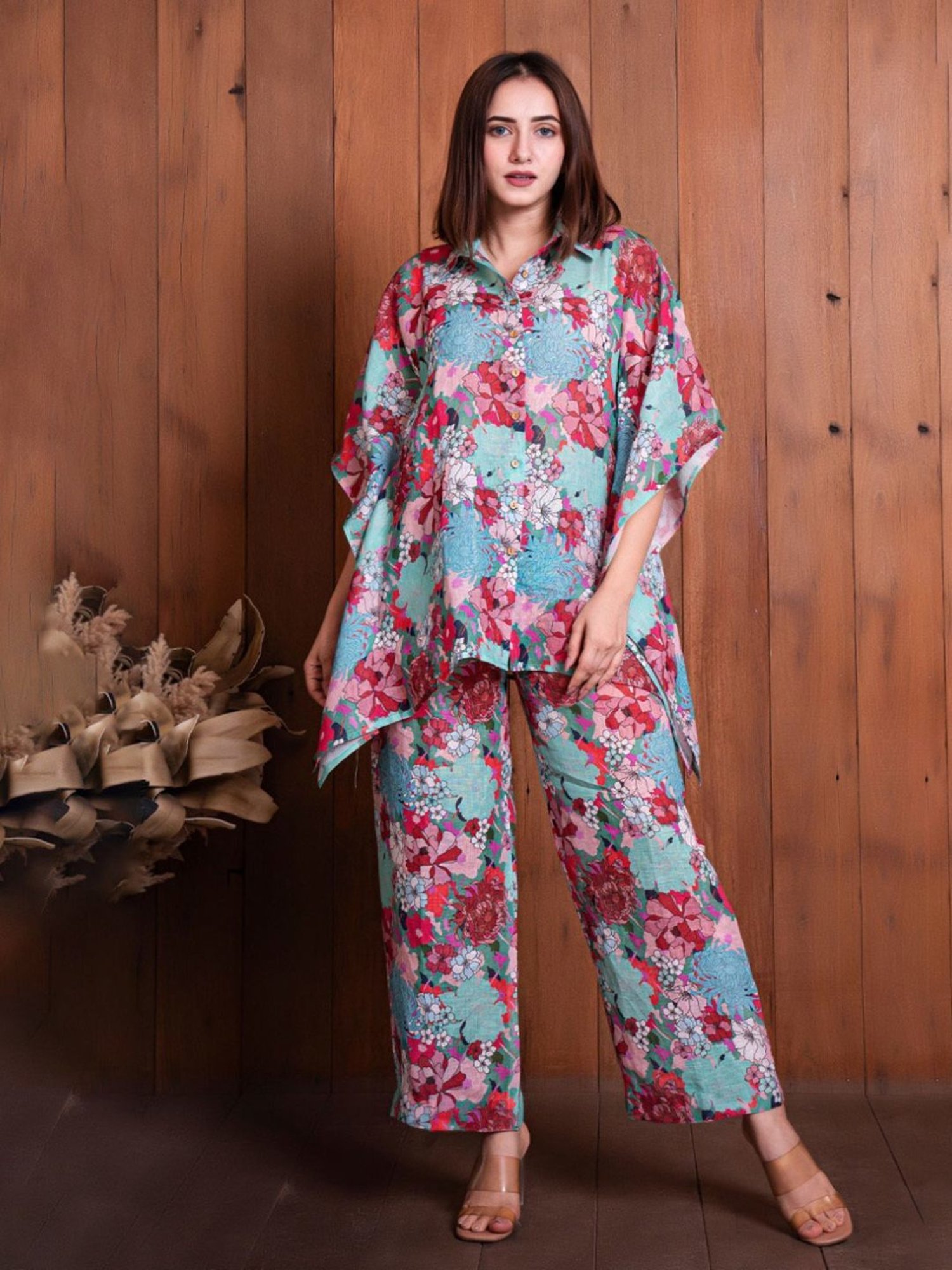 Eeshva India Multicolored Floral Illusion Linen Kaftan Style Shirt with Pant