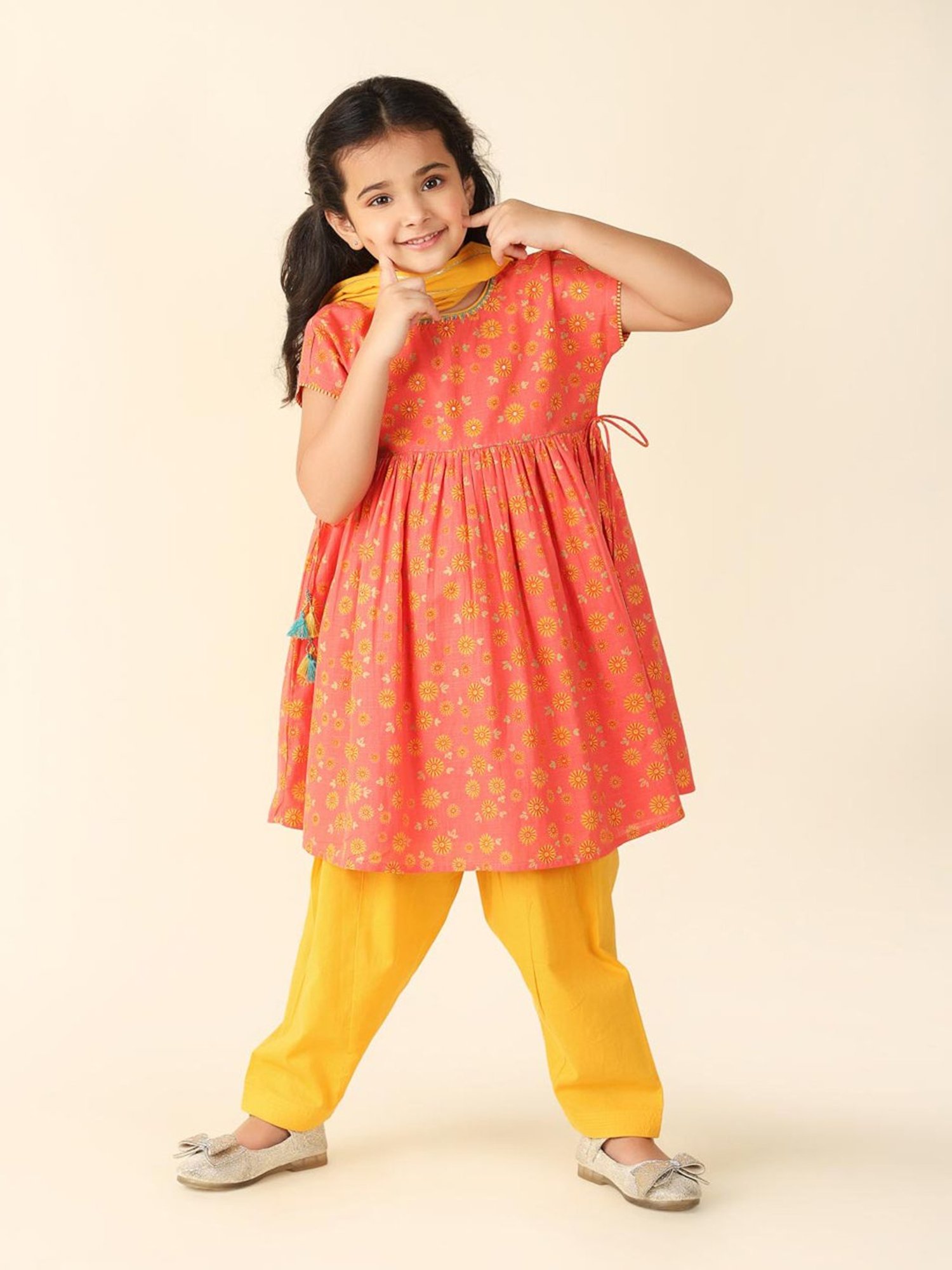 Fabindia Kids Coral & Yellow Floral Print Kurta, Salwar with Dupatta