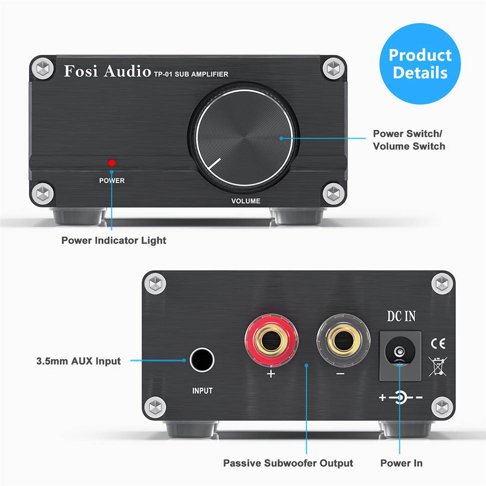 Subwoofer Amplifier Receiver 100Watt Mini Hi-Fi Digital Class D Integrated Stereo Audio Amp for Sub Bass + Power Supply TP-01